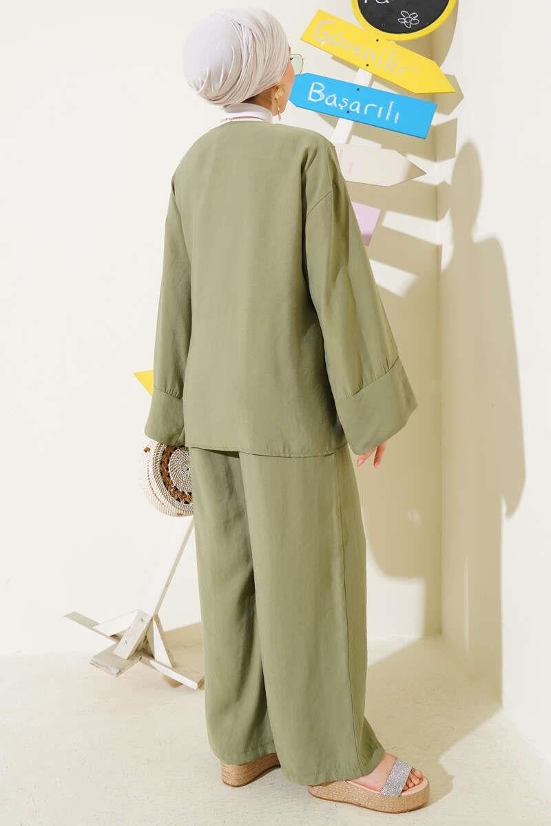 2040 Yandan Bağıcıklı Pantolonlu Tencel Kimono Takım