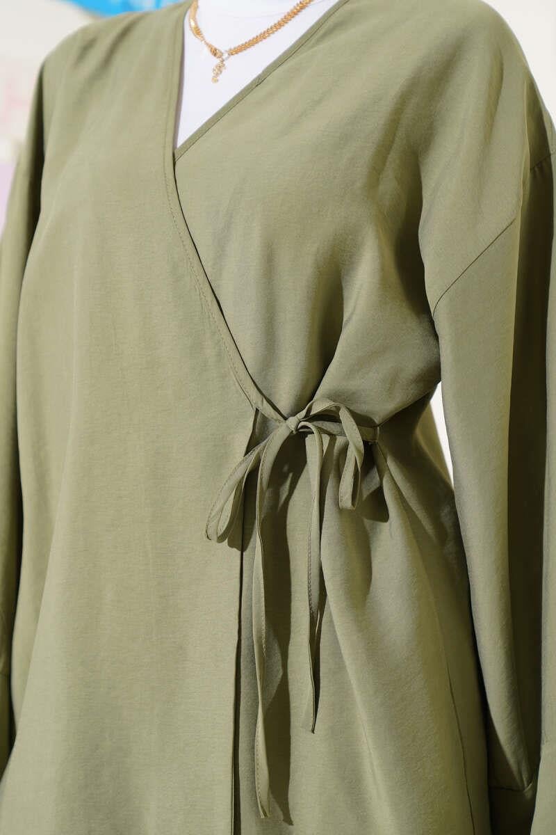 2040 Yandan Bağıcıklı Pantolonlu Tencel Kimono Takım