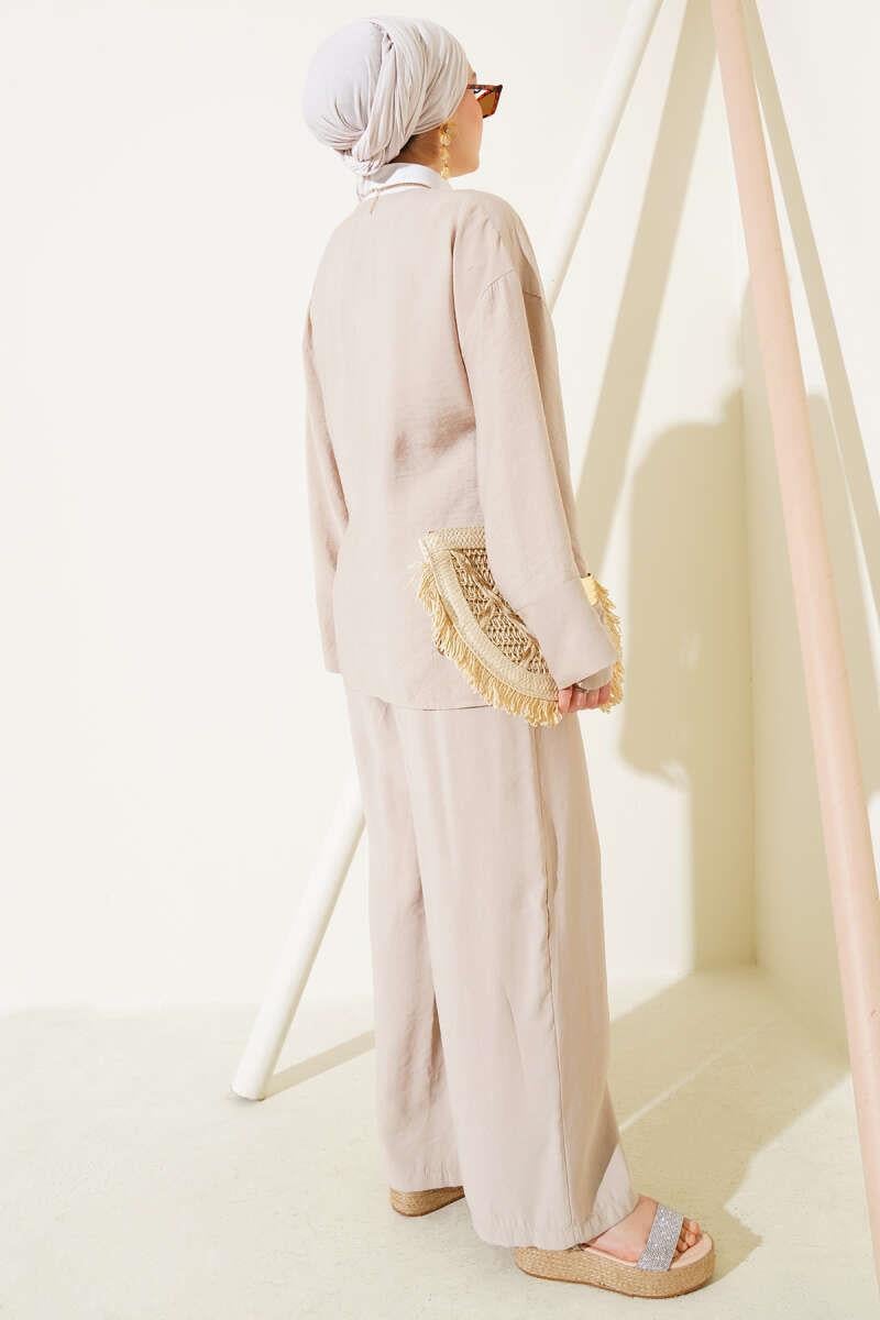 2040 Yandan Bağıcıklı Pantolonlu Tencel Kimono Takım