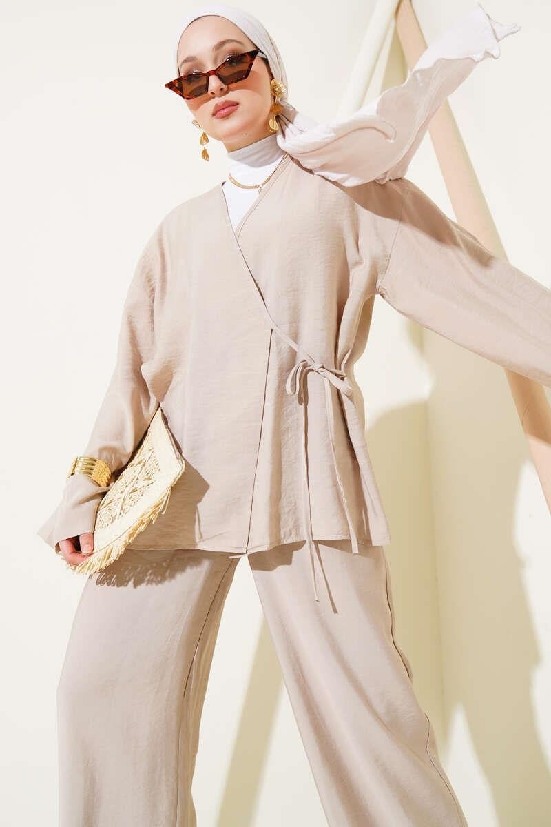 2040 Yandan Bağıcıklı Pantolonlu Tencel Kimono Takım
