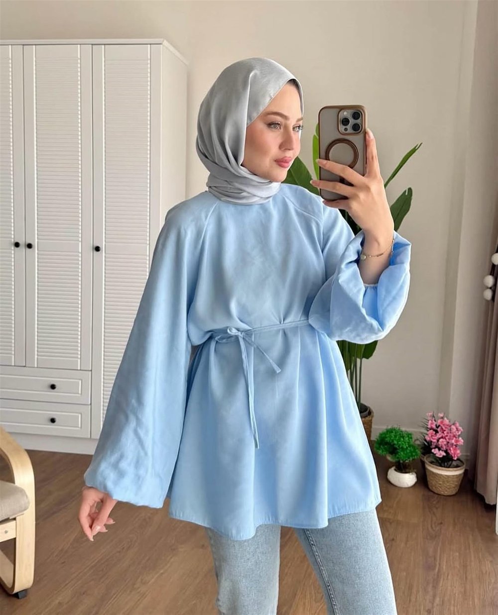 3001 Bağıcıklı Yaka Pervazlı Balon Kol Tunik