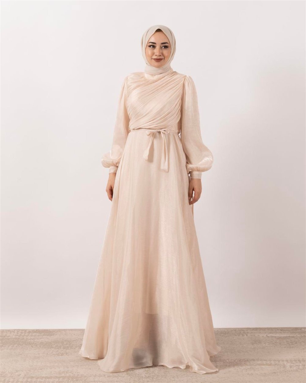 3023 Kuşaklı Gögüs Drape Şifon Elbise