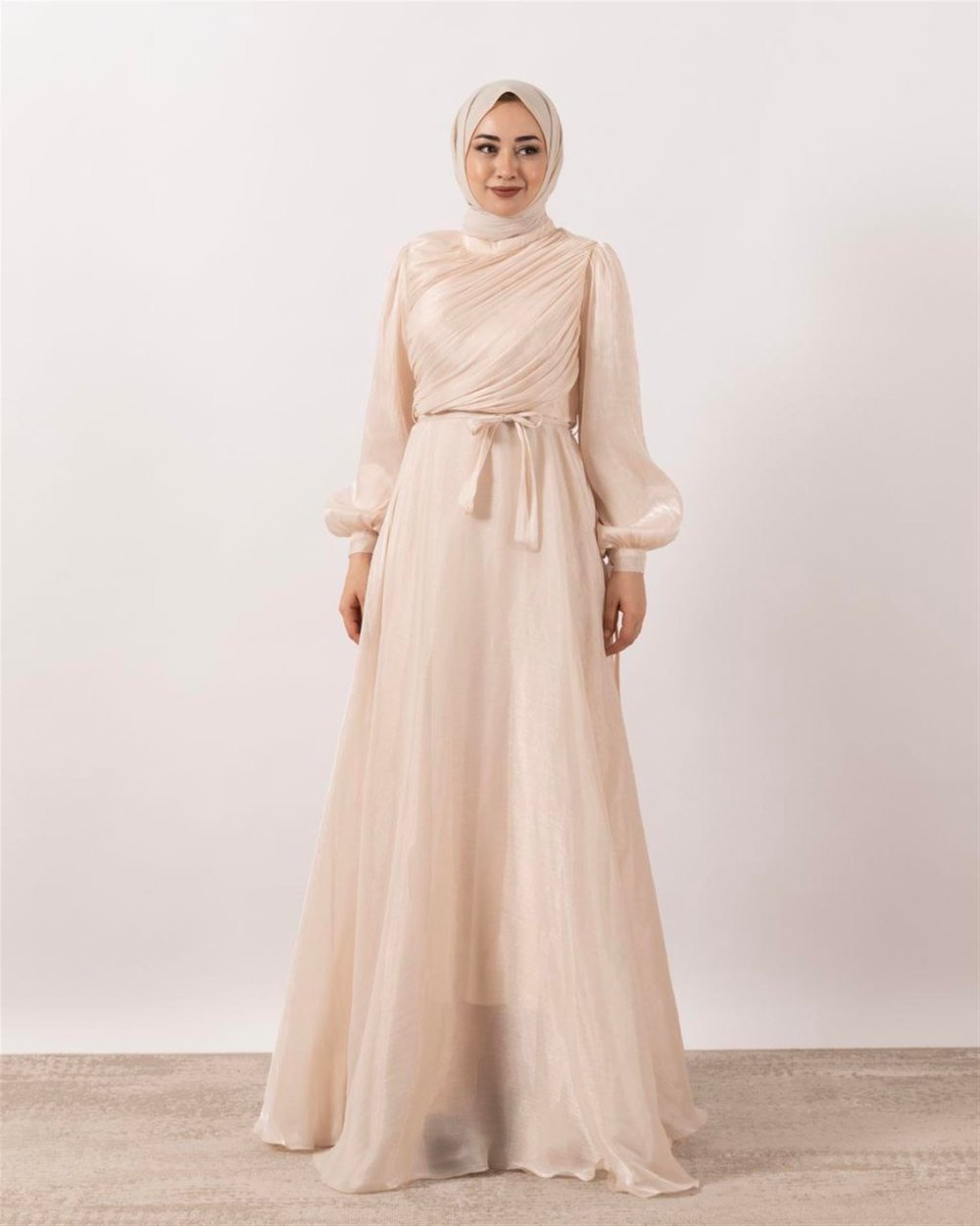 3023 Kuşaklı Gögüs Drape Şifon Elbise