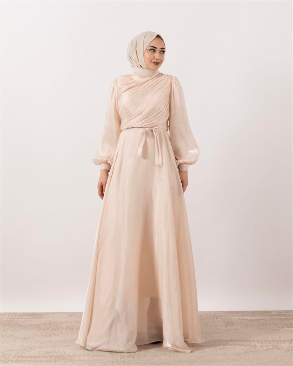 3023 Kuşaklı Gögüs Drape Şifon Elbise