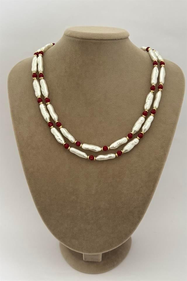 Bordo Taş Detaylı İnci Kolye