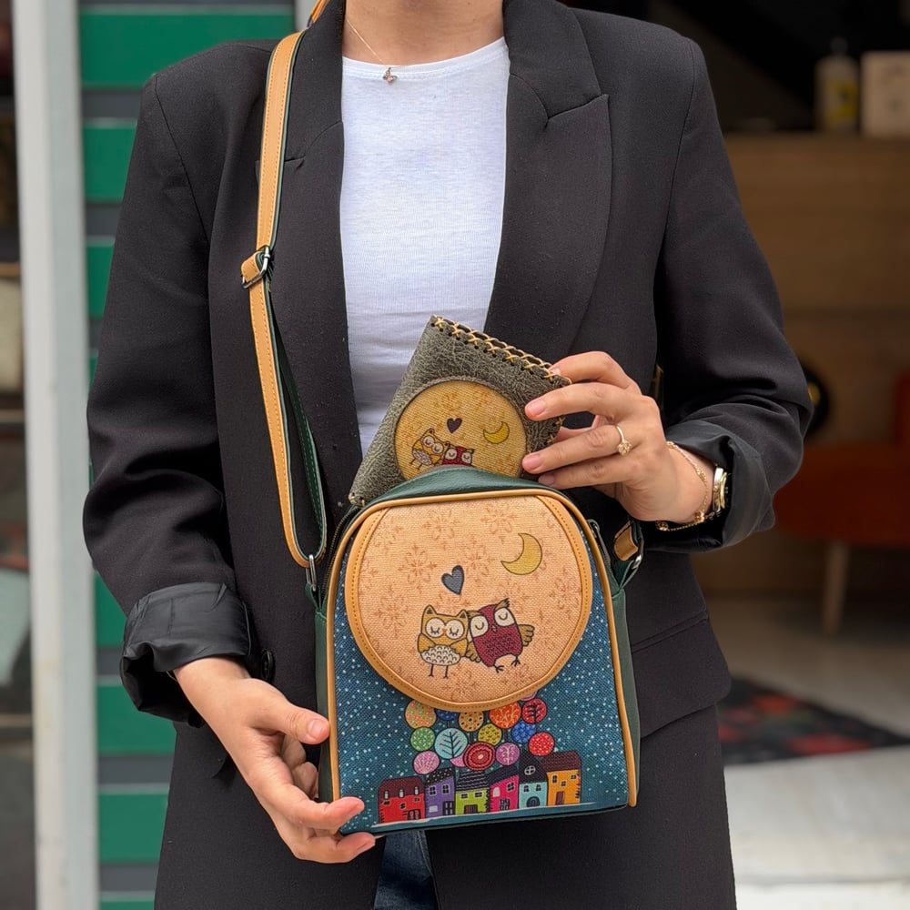 Baykuş Figürlü Küçük Postacı Omuz Çantası Etnik Bohem Style  Küçük Cüzdan Kombin - Yesil