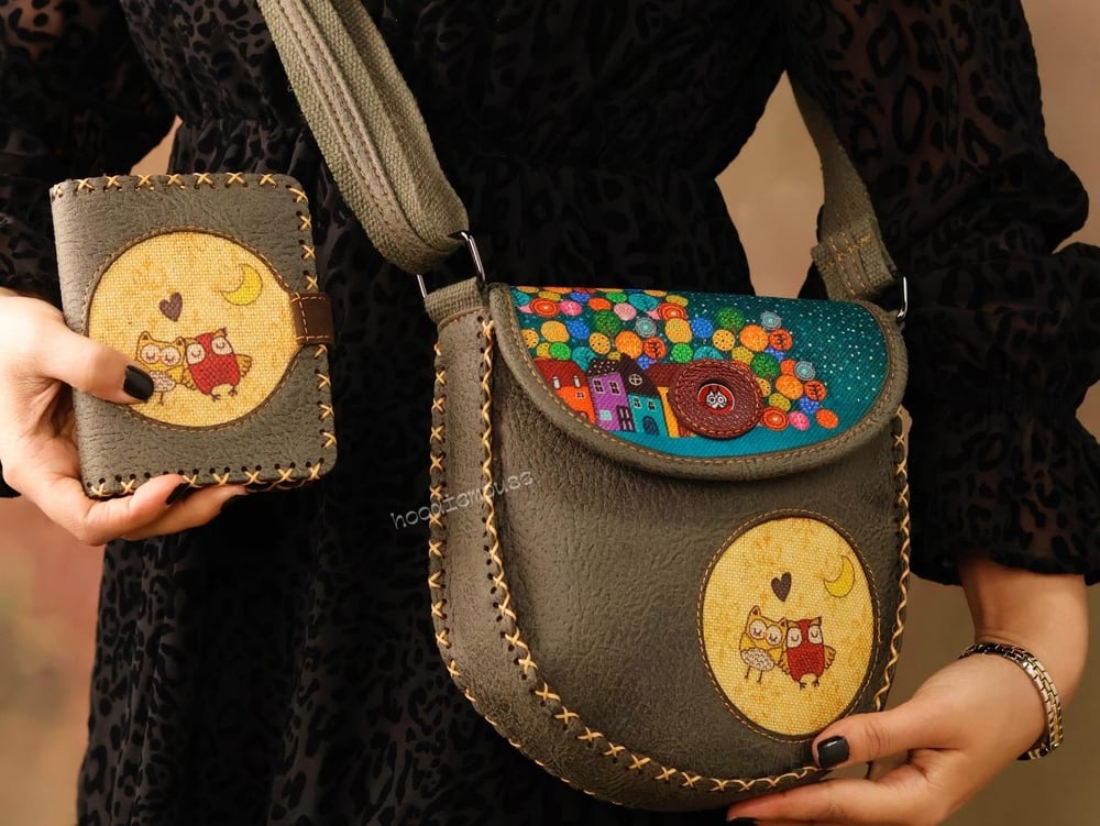 Baykuş Figürlü Tasarımlı Capraz Örgulu Kol Cantası Yesil ve Cuzdan Yesil Kombin