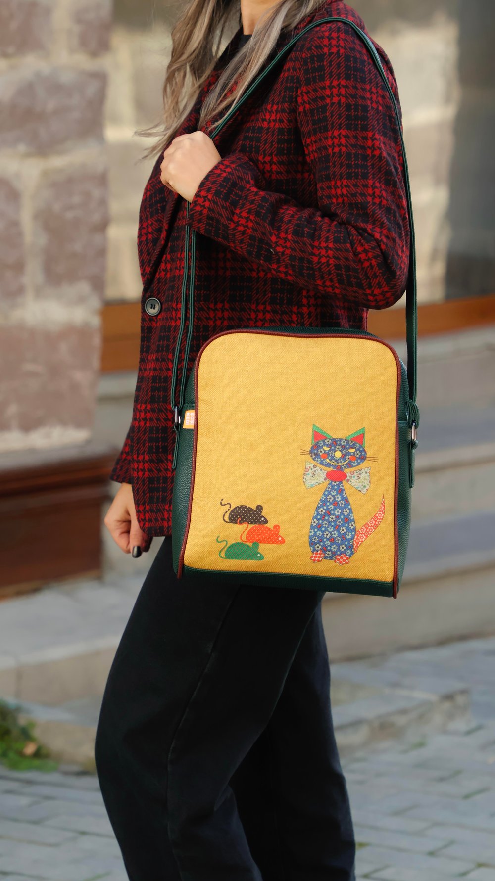 Fare Kedi Figürlü Büyük Postacı Kol Çantası Etnik Bohem Style - Yesil