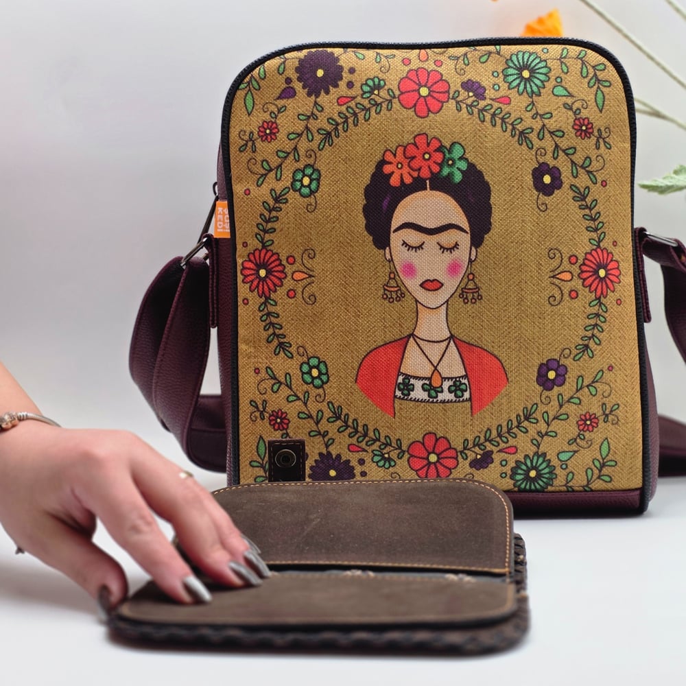 Frida Figürlü Büyük Postacı Kol Çantası Etnik Bohem Style Çanta Bordo Cüzdan Bordo Kombin