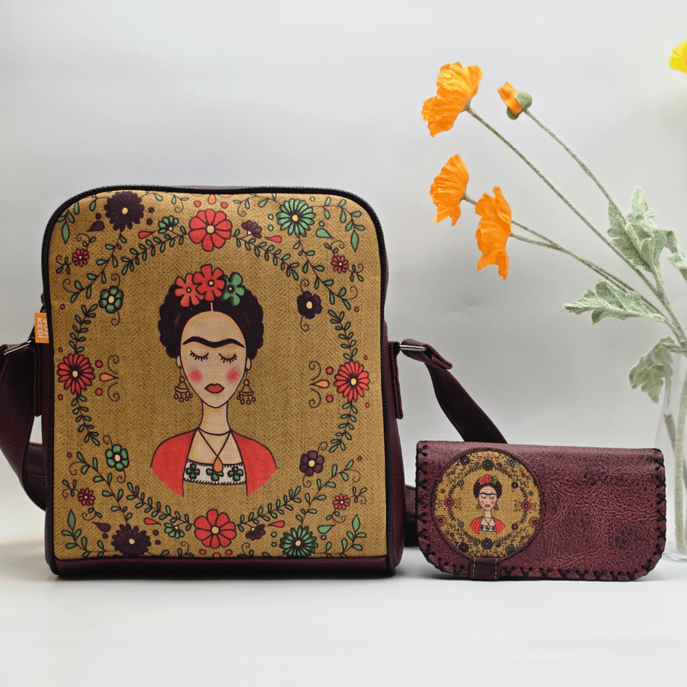 Frida Figürlü Büyük Postacı Kol Çantası Etnik Bohem Style Çanta Bordo Cüzdan Bordo Kombin