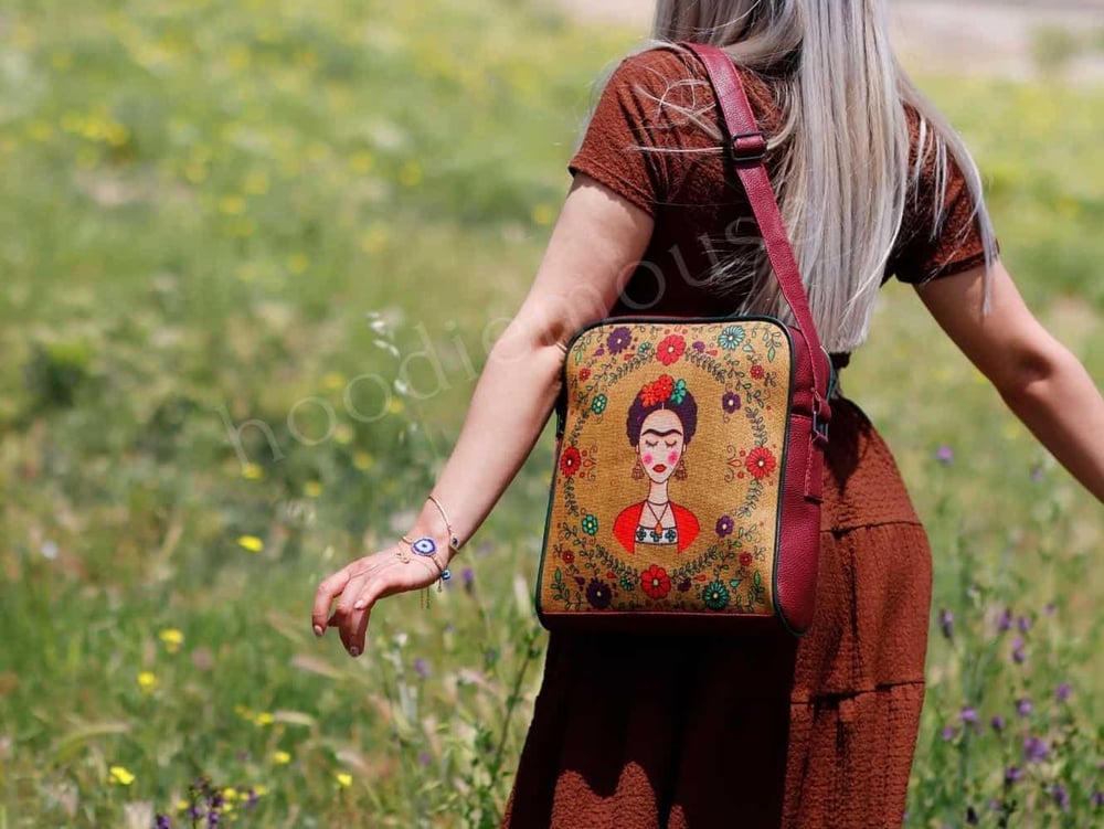 Frida Kahlo Figürlü Büyük Postacı Kol Çantası Etnik Bohem Style - Bordo