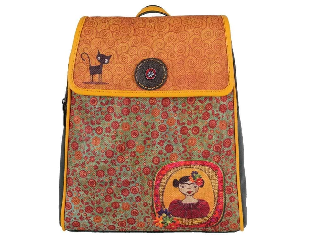 Frida Figürlü Kapaklı Sırt Çantası Etnik Bohem Style - SİYAH