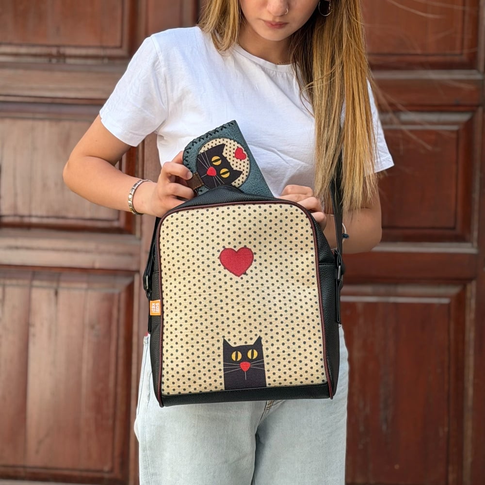 Kedi Aşkı Figürlü Büyük Postacı Kol Çantası Siyah- Etnik Bohem Style  Cüzdan Petrol Kombin