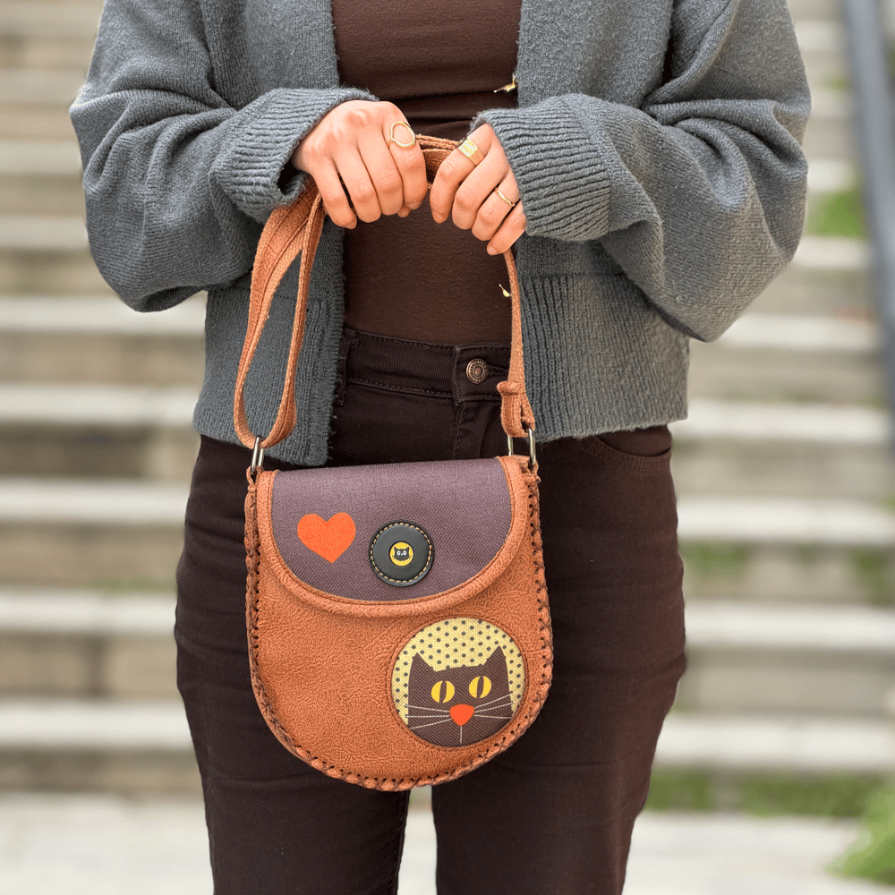 Kedi Aşkı Figürlü Çapraz Örgülü Kol Çantası Etnik Bohem Style - Taba