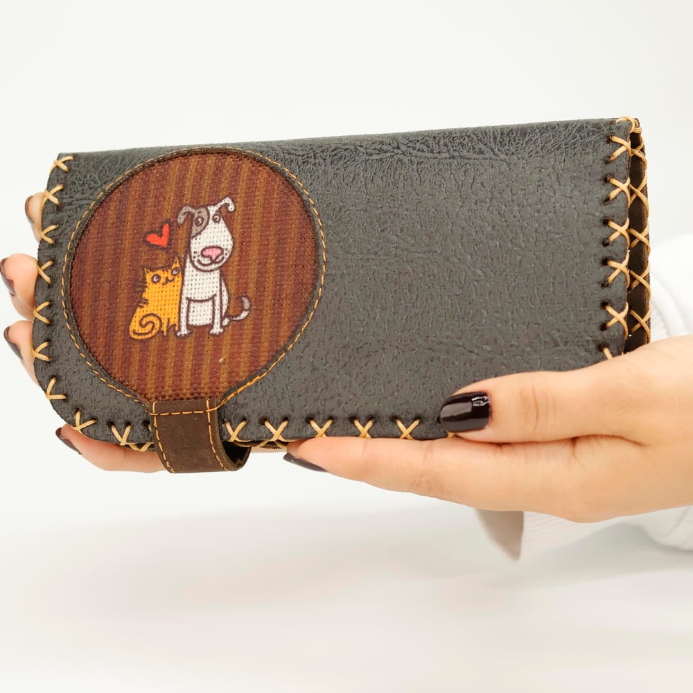 Kedi ve Köpek Figürlü Büyük Cüzdan Etnik Bohem Retro Vintage Style  - ANTRASİT