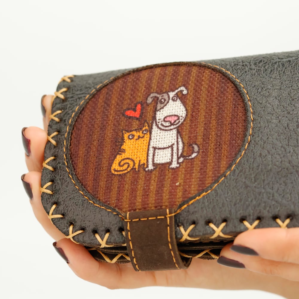 Kedi ve Köpek Figürlü Büyük Cüzdan Etnik Bohem Retro Vintage Style  - ANTRASİT