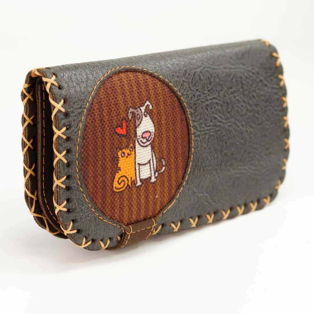 Kedi ve Köpek Figürlü Büyük Cüzdan Etnik Bohem Retro Vintage Style  - ANTRASİT