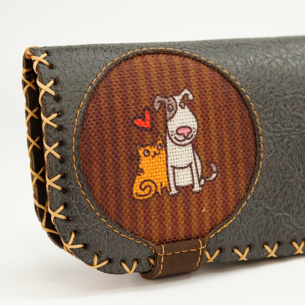 Kedi ve Köpek Figürlü Büyük Cüzdan Etnik Bohem Retro Vintage Style  - ANTRASİT