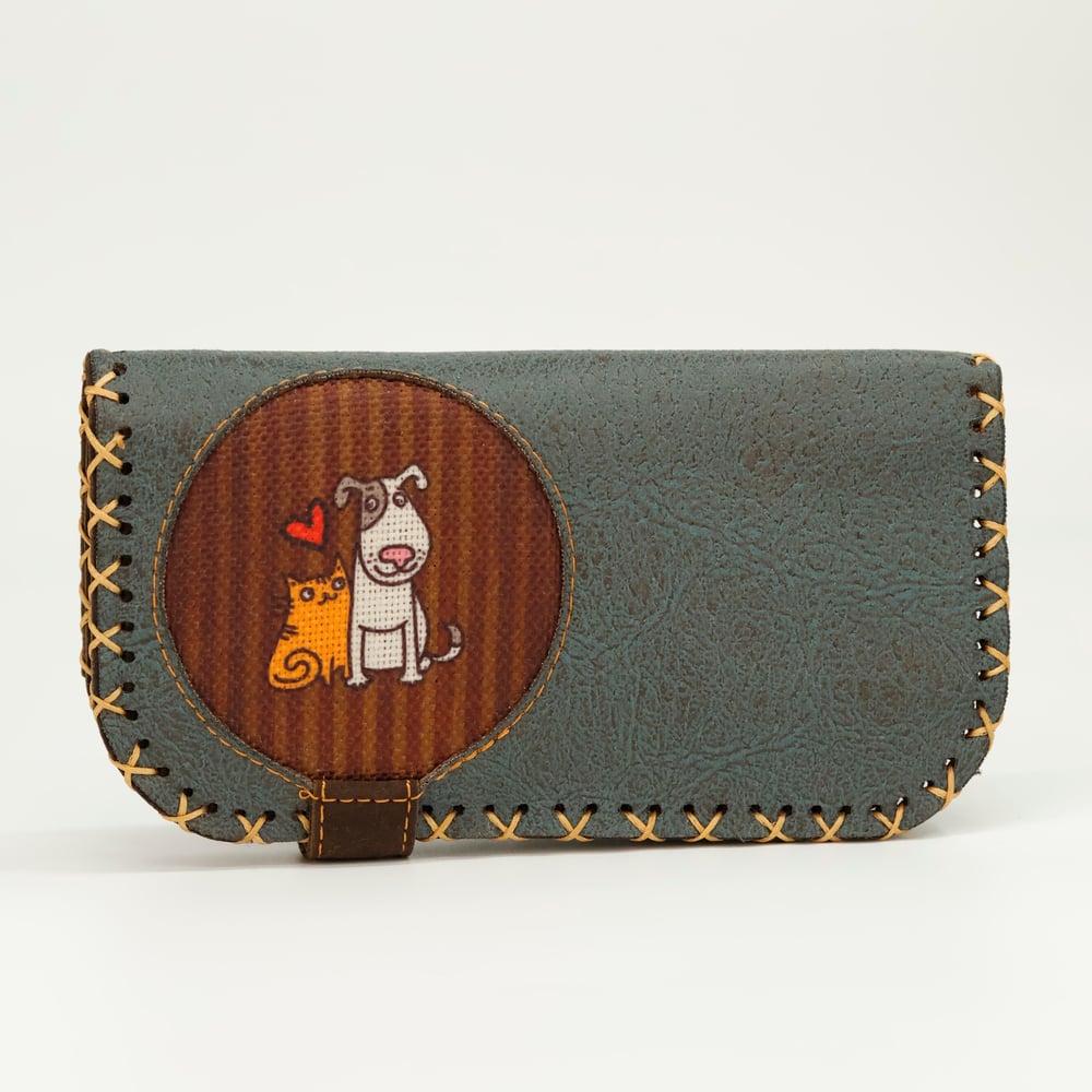 Kedi ve Köpek Figürlü Büyük Cüzdan Etnik Bohem Retro Vintage Style  - PETROL