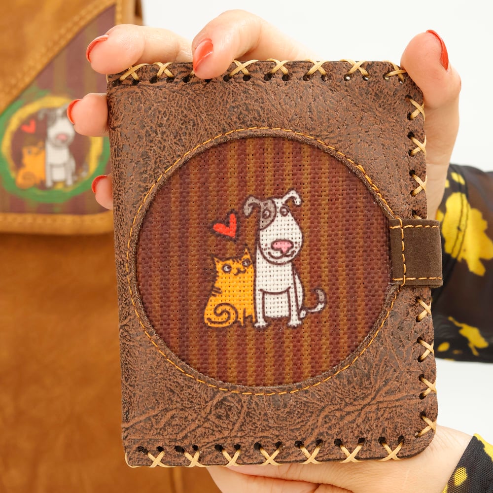 Kedi ve Köpek Figürlü Küçük Cüzdan Etnik Bohem Retro Style - Kahverengi