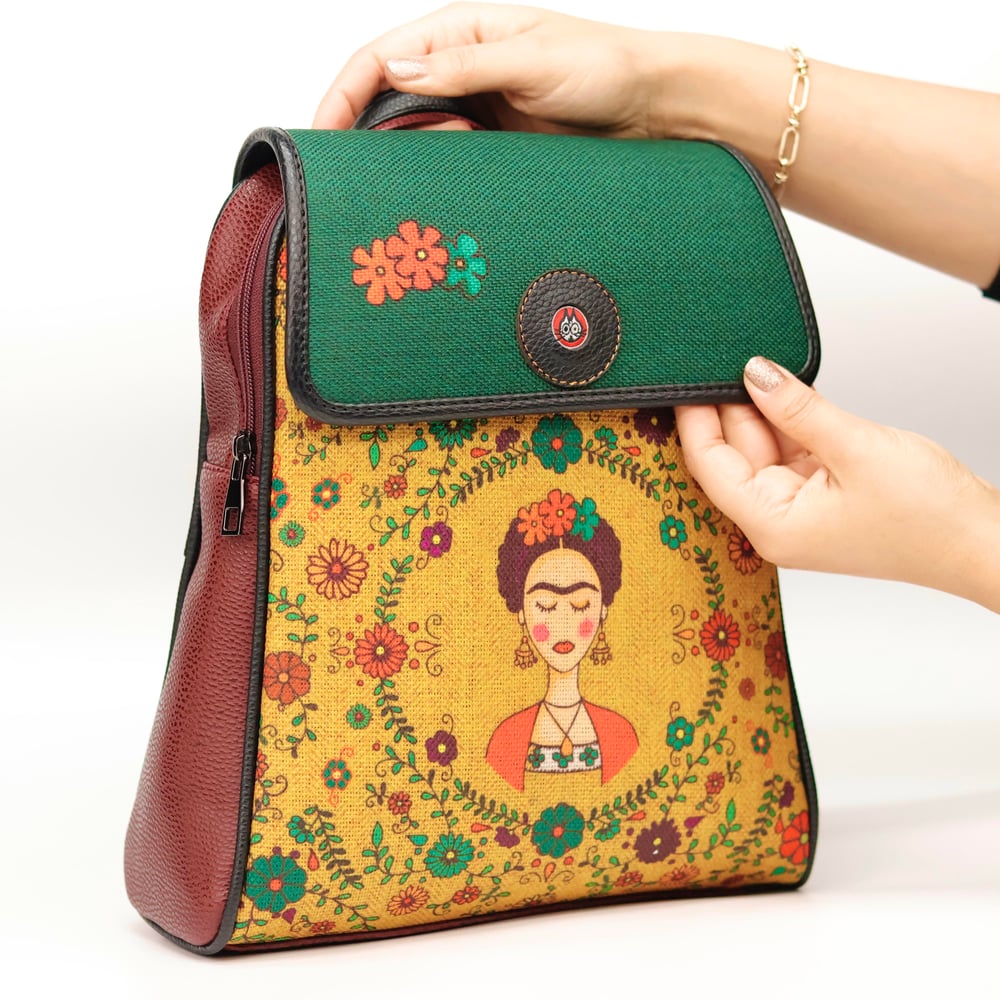 Klasik Frida Figürlü Kapaklı Sırt Çantası Etnik Bohem Style - BORDO
