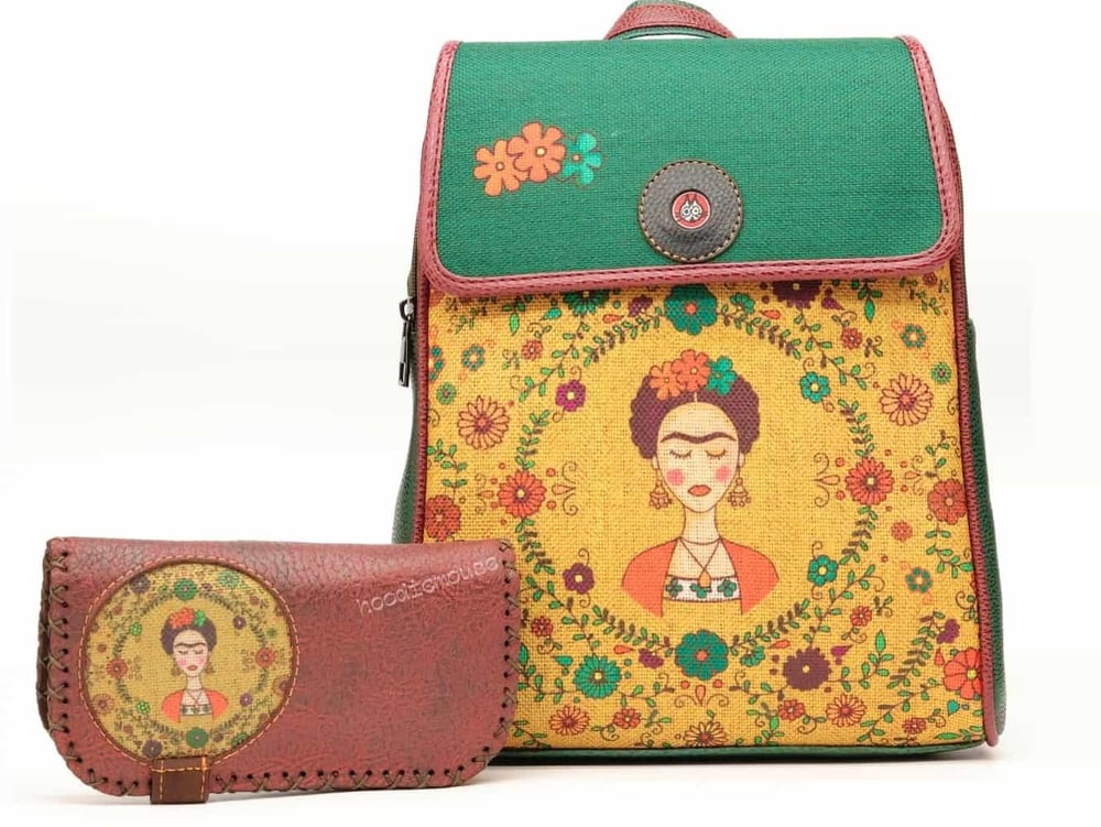 Klasik Frida Figürlü Kapaklı Sırt Çantası Yesil Büyük Cüzdan Bordo Etnik Bohem Style Cüzdan Kombin