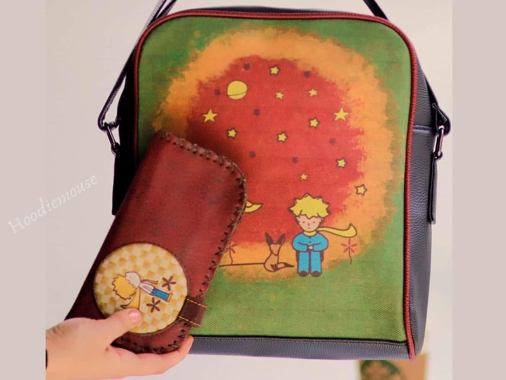 Küçük Prens Figürlü Büyük Postacı Kol Çantası Etnik Bohem Style Çanta Siyah, Cüzdan Bordo KOMBİN