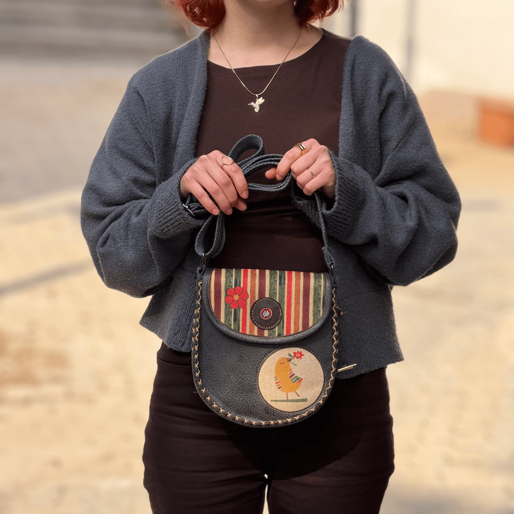 Kuş Figürlü Çapraz Örgülü Kol Çantası Etnik Bohem Style - Antrasit