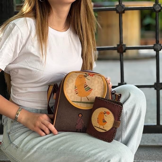 Kuş Figürlü Küçük Postacı Çanta Bordo Küçük Cüzdan Bordo Kombin