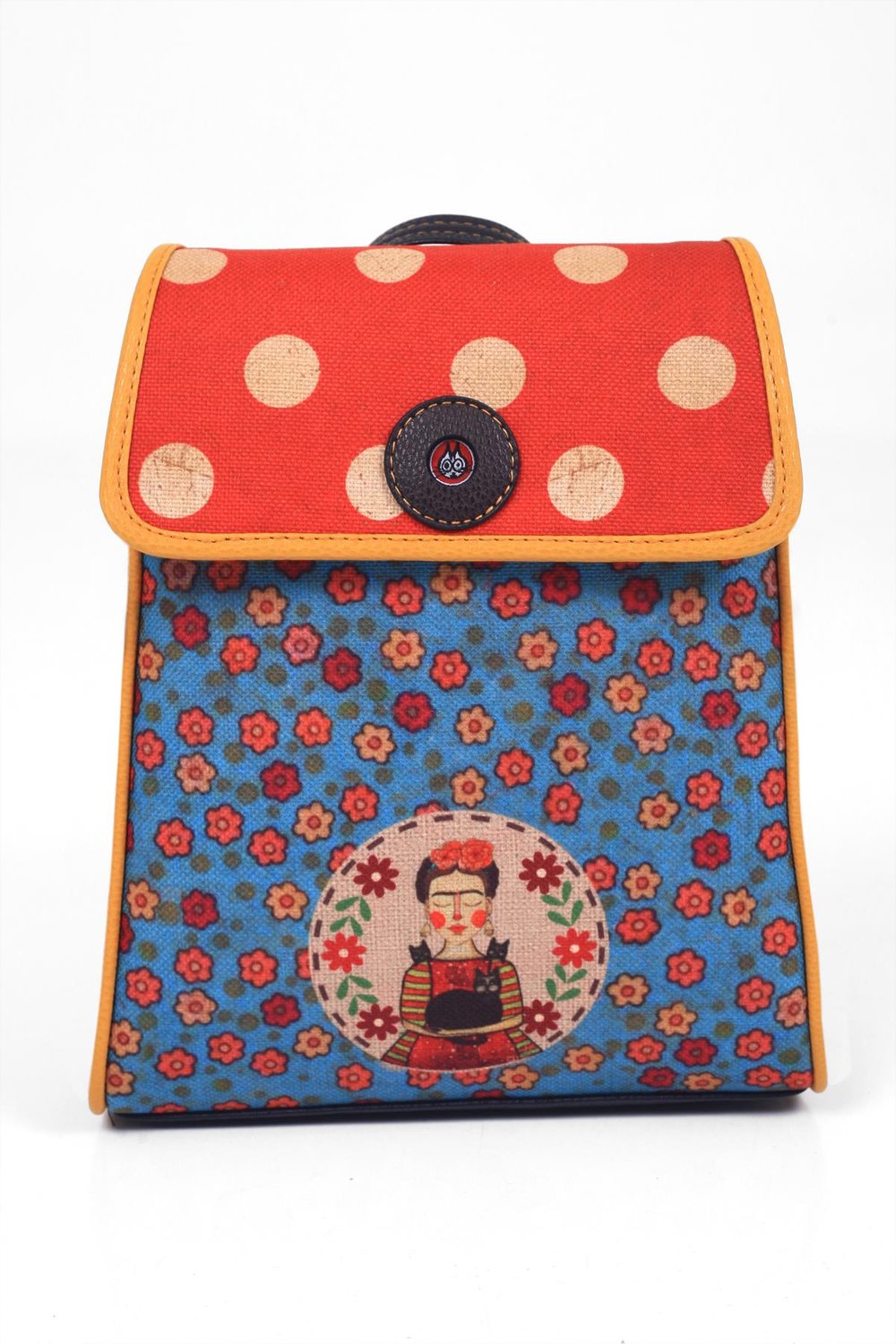 Mavi Frida Figürlü Kapaklı Sırt Çantası Etnik Bohem Style - KAHVE