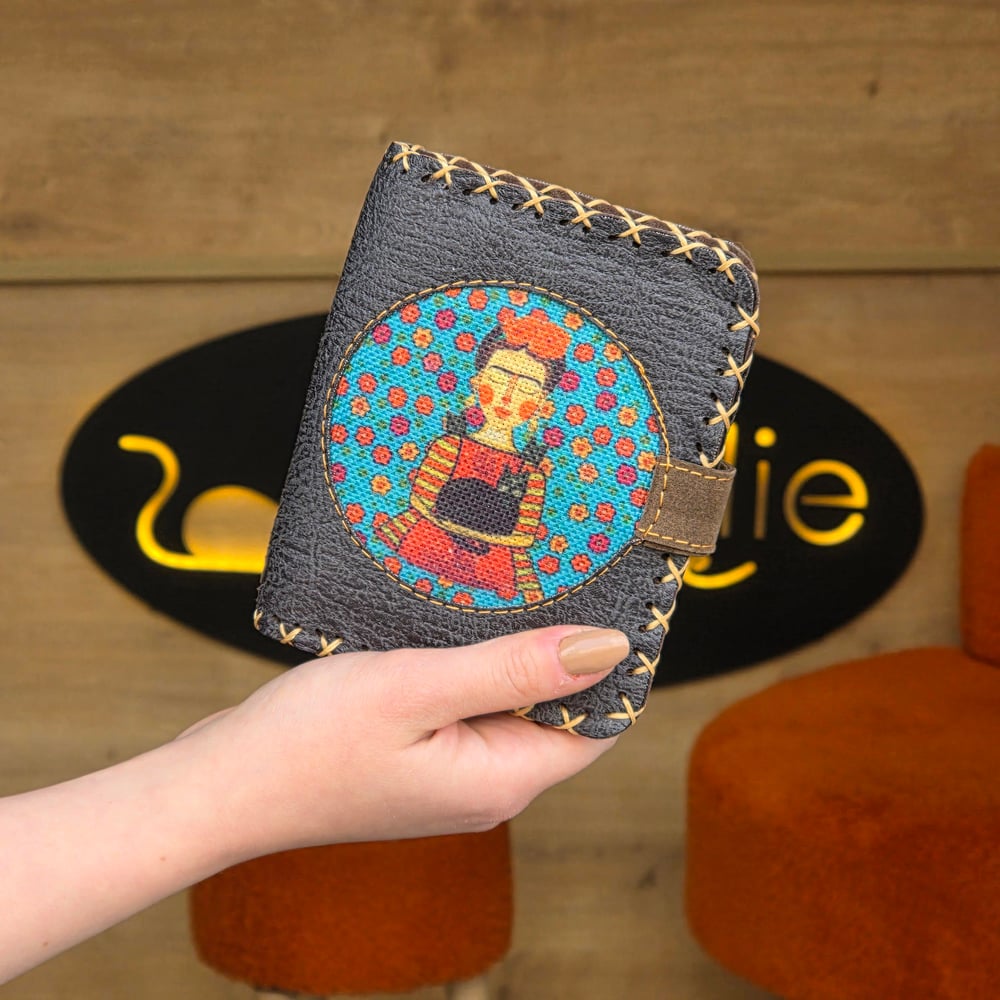 Mavi Frida Figürlü Küçük Cüzdan Etnik Bohem Retro Style - Antrasit