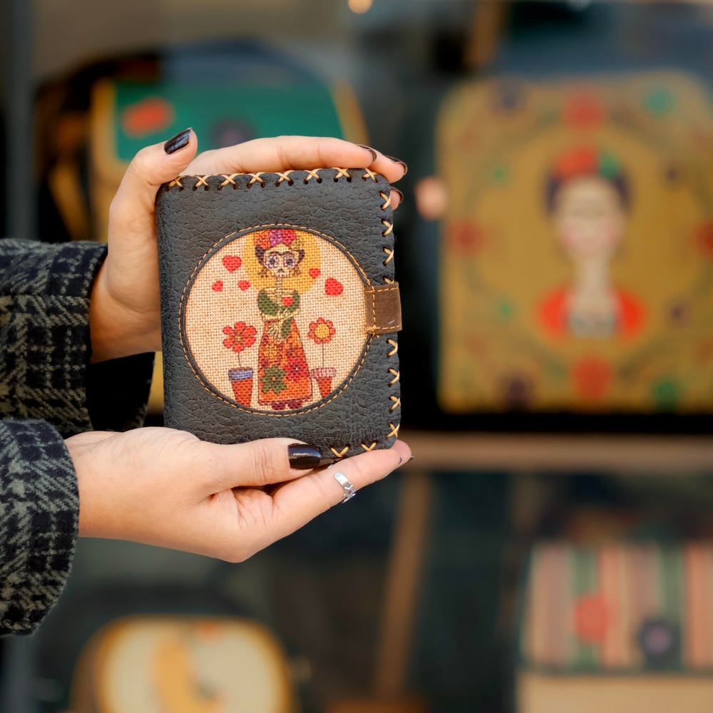 Mexican F. Kahlo Figürlü Küçük Cüzdan Etnik Bohem Retro Style - Antrasit