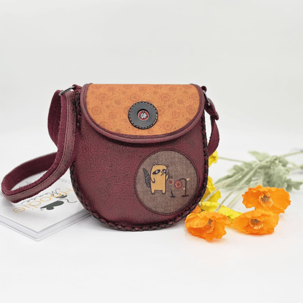 Rakun Figürlü Çapraz Örgülü Kol Çantası Etnik Bohem Style - Bordo
