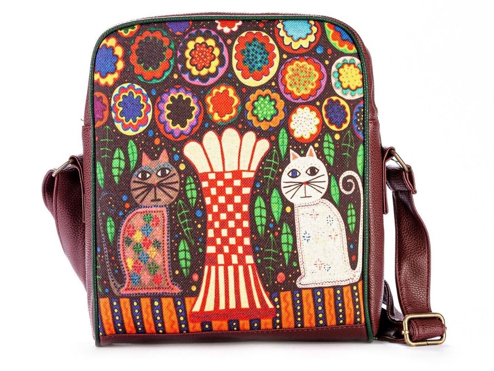 Vazo ve Kedi Figürlü Büyük Postacı Kol Çantası Etnik Bohem Style - Bordo