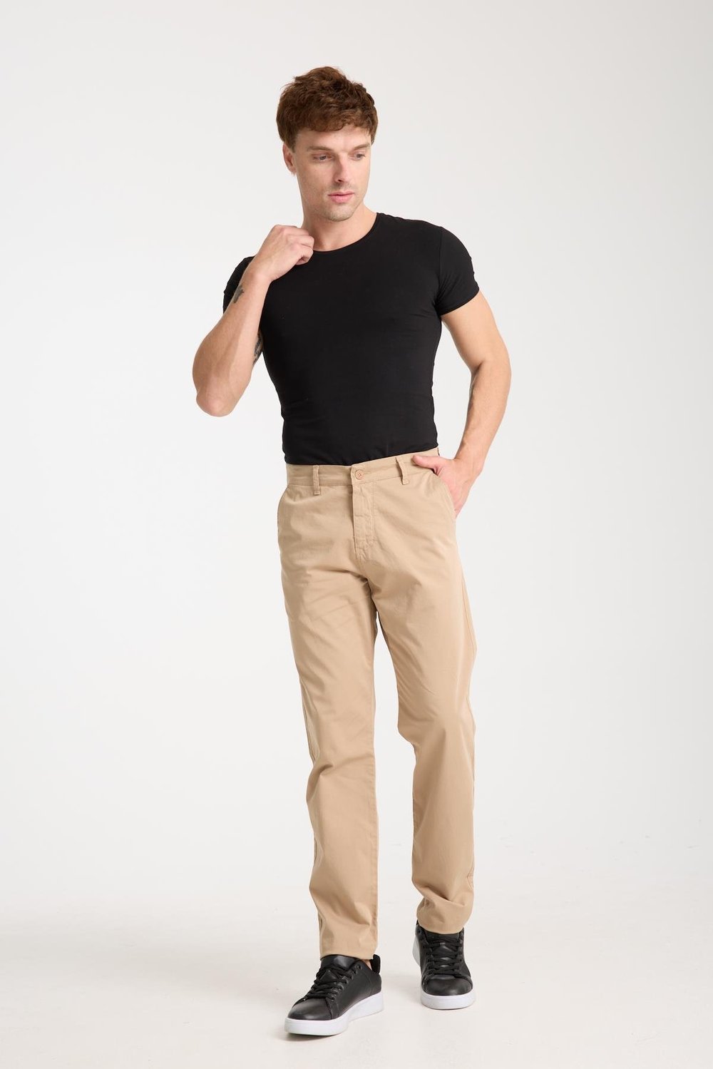 LACARINOErkek Yüksek Bel Boru Paça Paça Bej Chino Pantolon