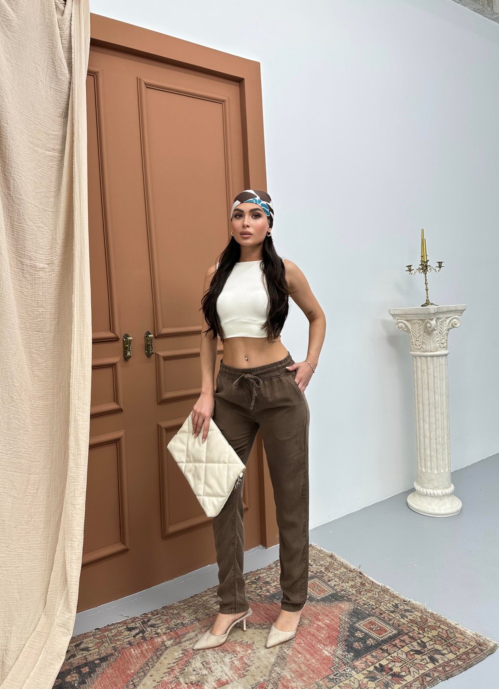 LACARINOKadın Bel Lastikli Dar Paça Kahve Jogger Pantolon 