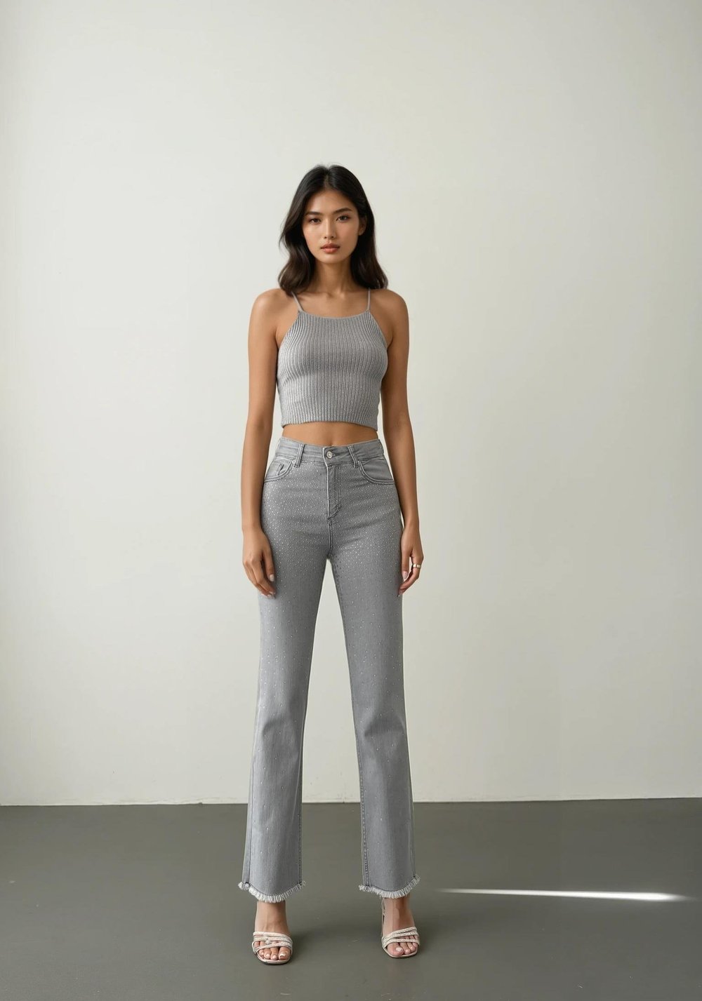 LACARINOYüksek Bel Paça Püskül Gri Taş detaylı Jean Pantolon