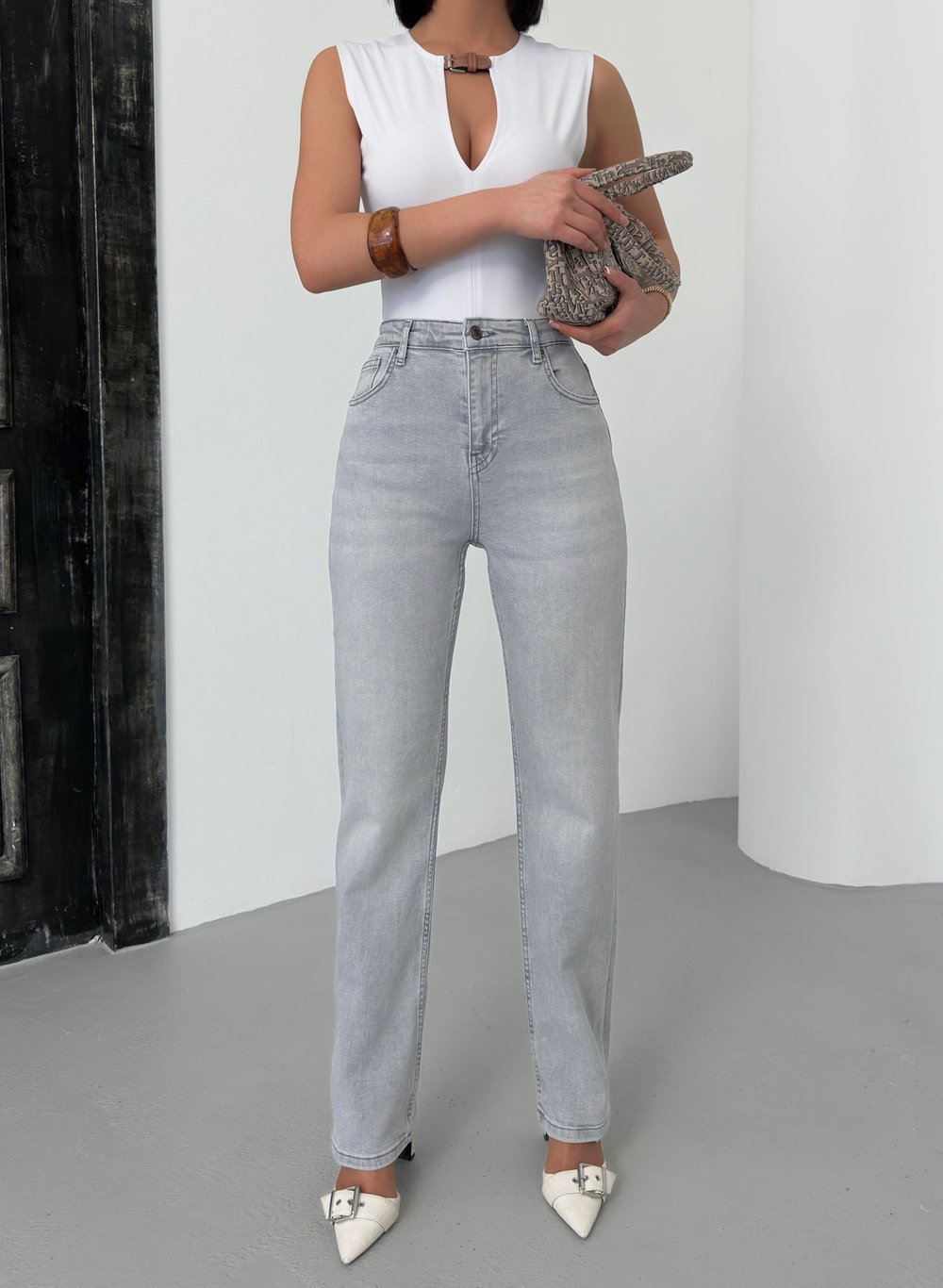 LACARINOYüksek Bel Boru Kesim Açık Gri Jean Pantolon