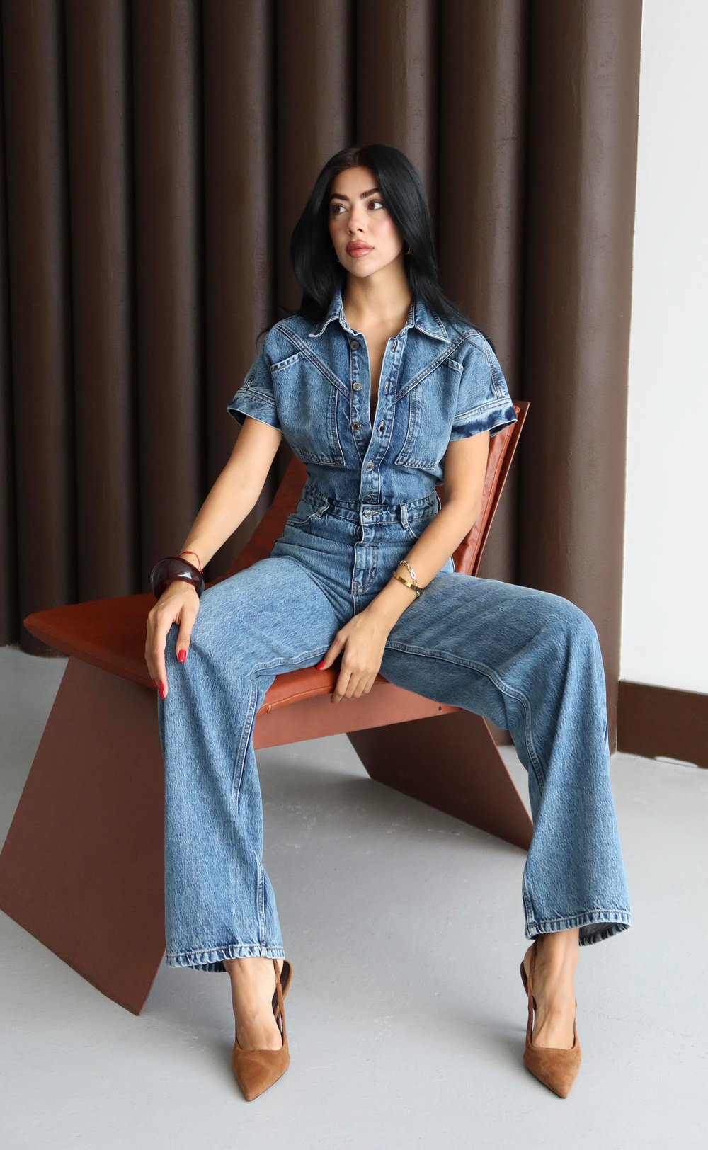 LACARINODüğme Detaylı Kısa Kol Kadın Blue Jean Tulum