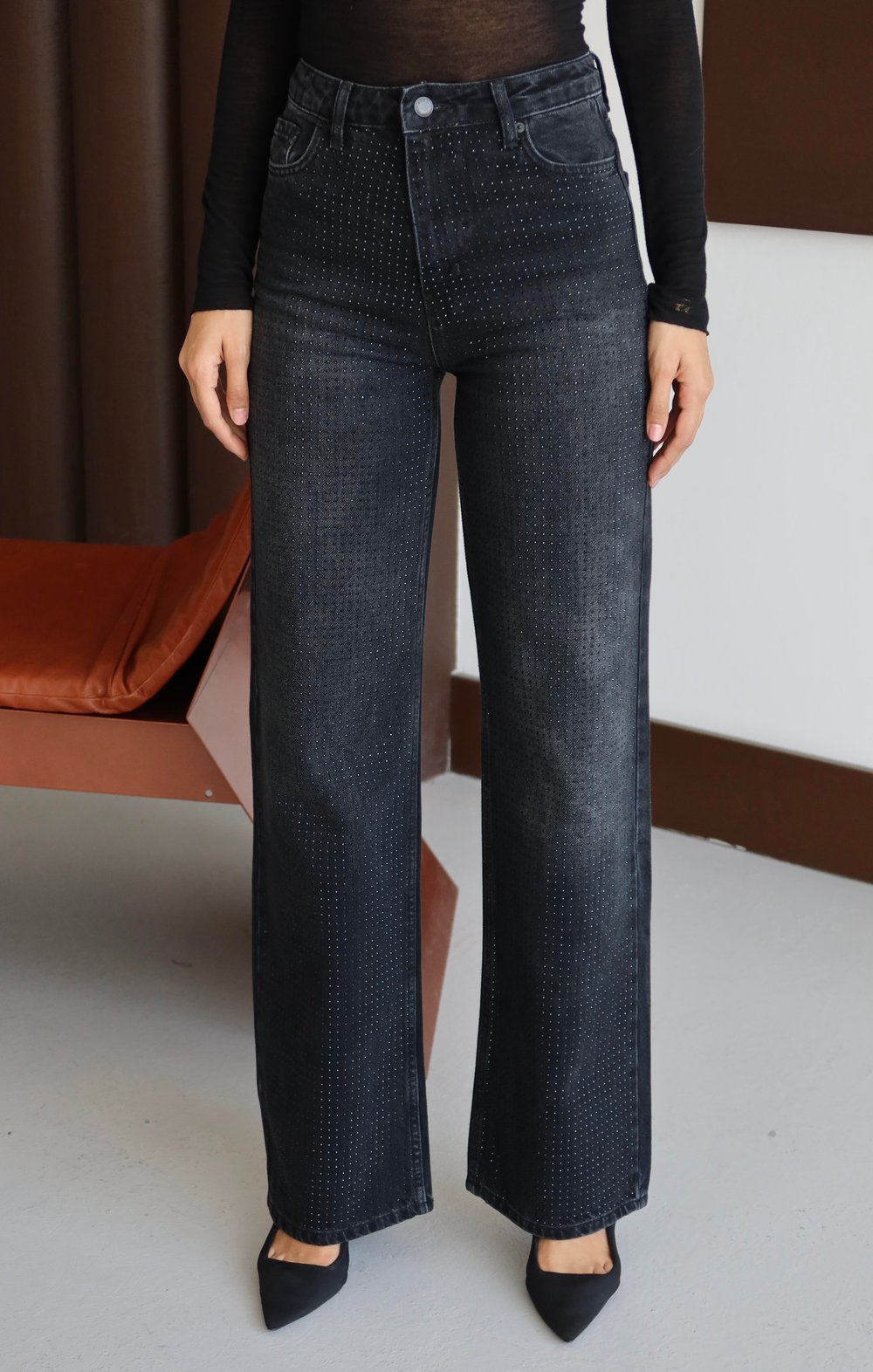 LACARINOYüksek Bel Wıde Leg Kalıp Boydan Taşlı Black Jean Pantolon