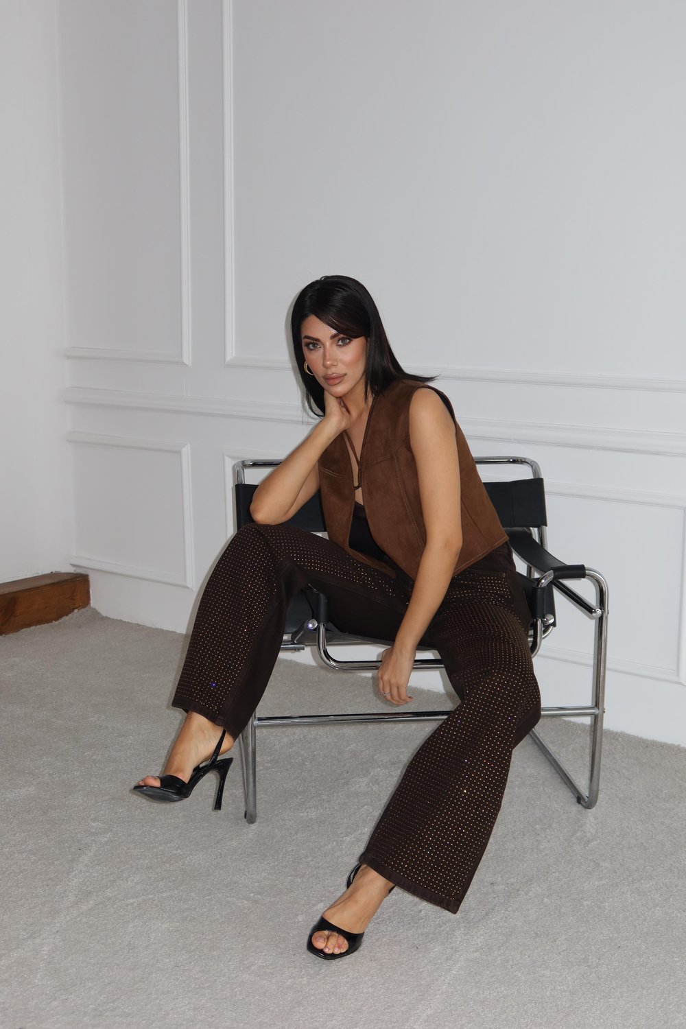 LACARINOYüksek Bel Ön Tarafı Boydan Taş Detaylı Kahve Jean Pantolon