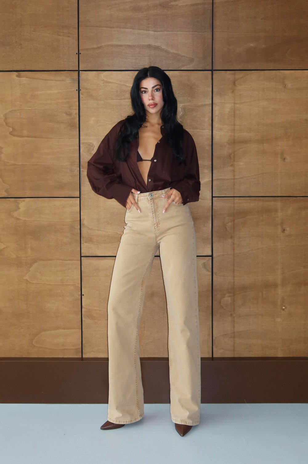 LACARINOKadın Yüksek Bel Bol Kesim Hardal Jean Pantolon