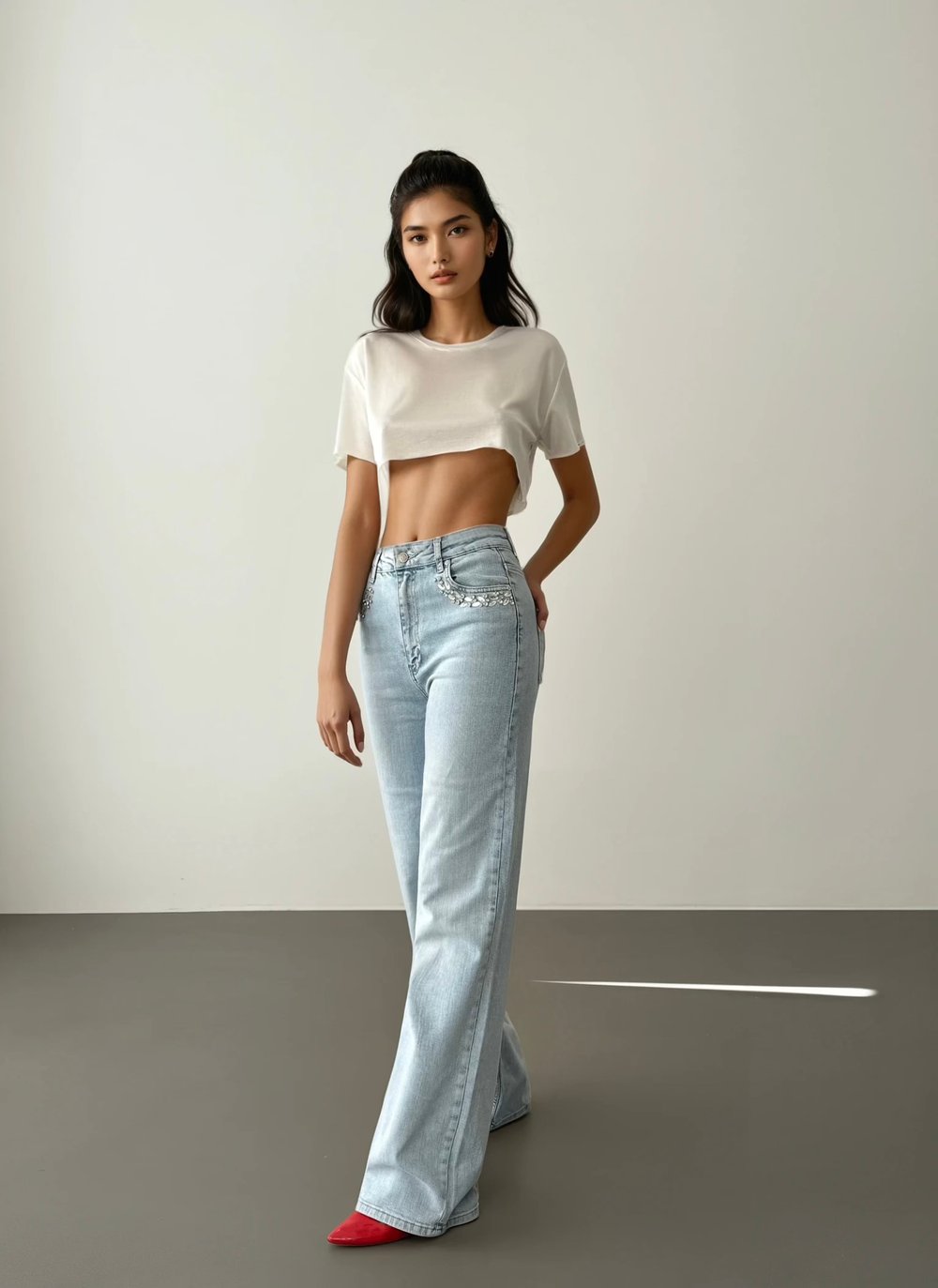 LACARINOYüksek Bel Cep Ön Cep Taş İşleme Detaylı Light Blue Jean Pantolon