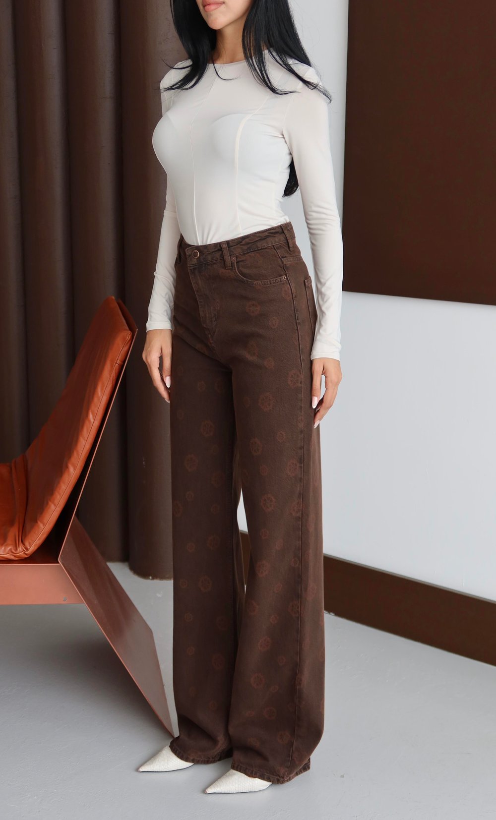 LACARINOYüksek Bel Geniş Kesim Çiçek Desenli Kahve Jean Pantolon