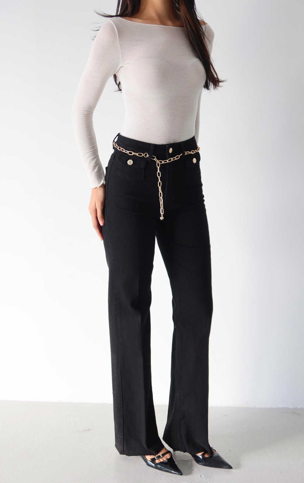 LACARINOYüksek Bel Kemer Zincir Detaylı Black Jean Pantolon