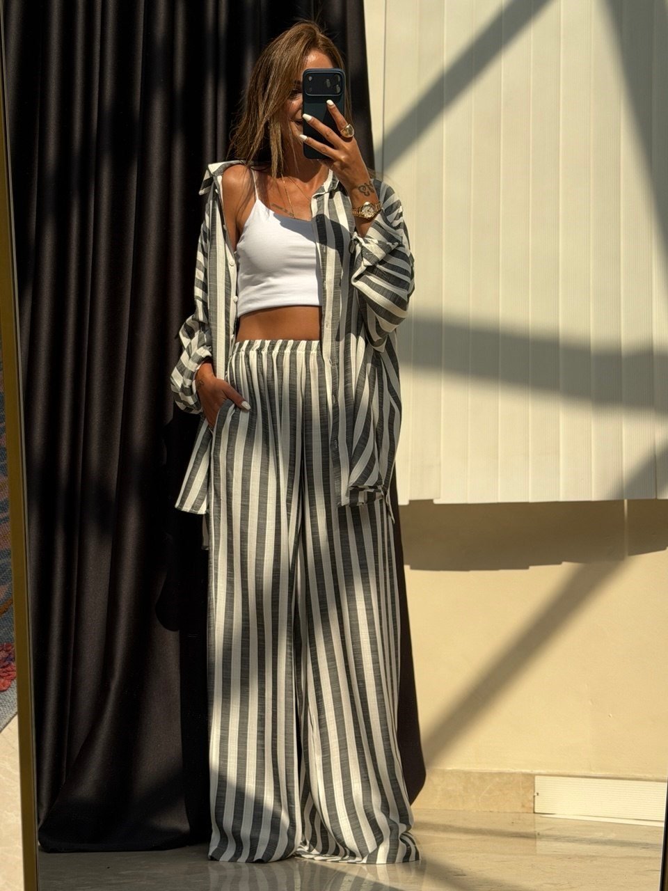 Çizgili Oversize Takım Antrasit