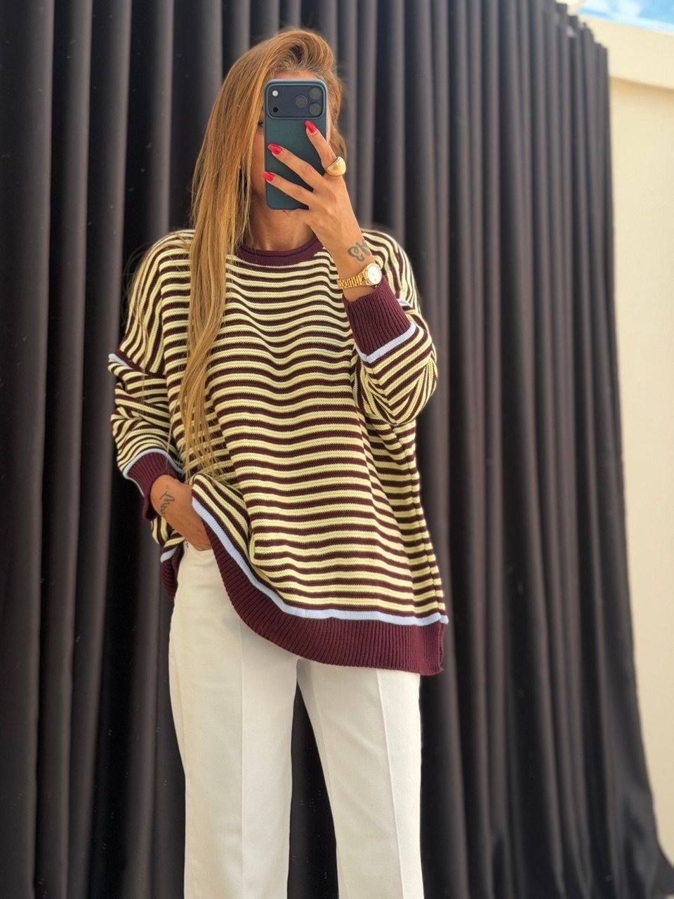 Çizgili Oversize Triko Sarı