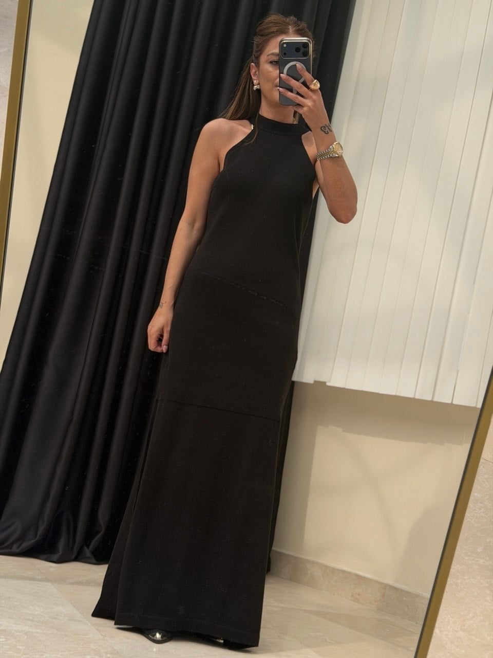 Halter Yaka Boğazlı Elbise Siyah