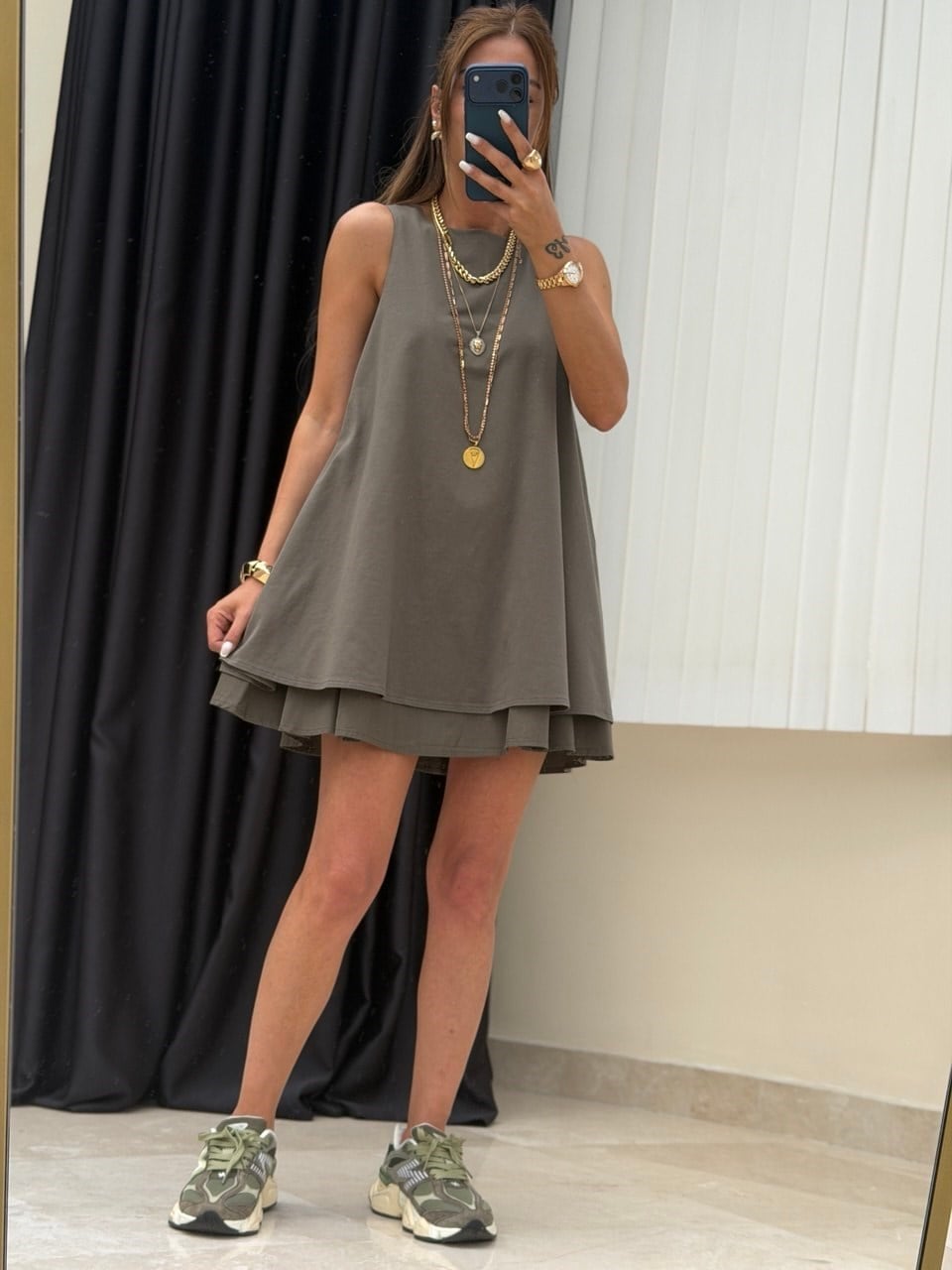 Halter Yaka Çift Katlı Elbise Haki