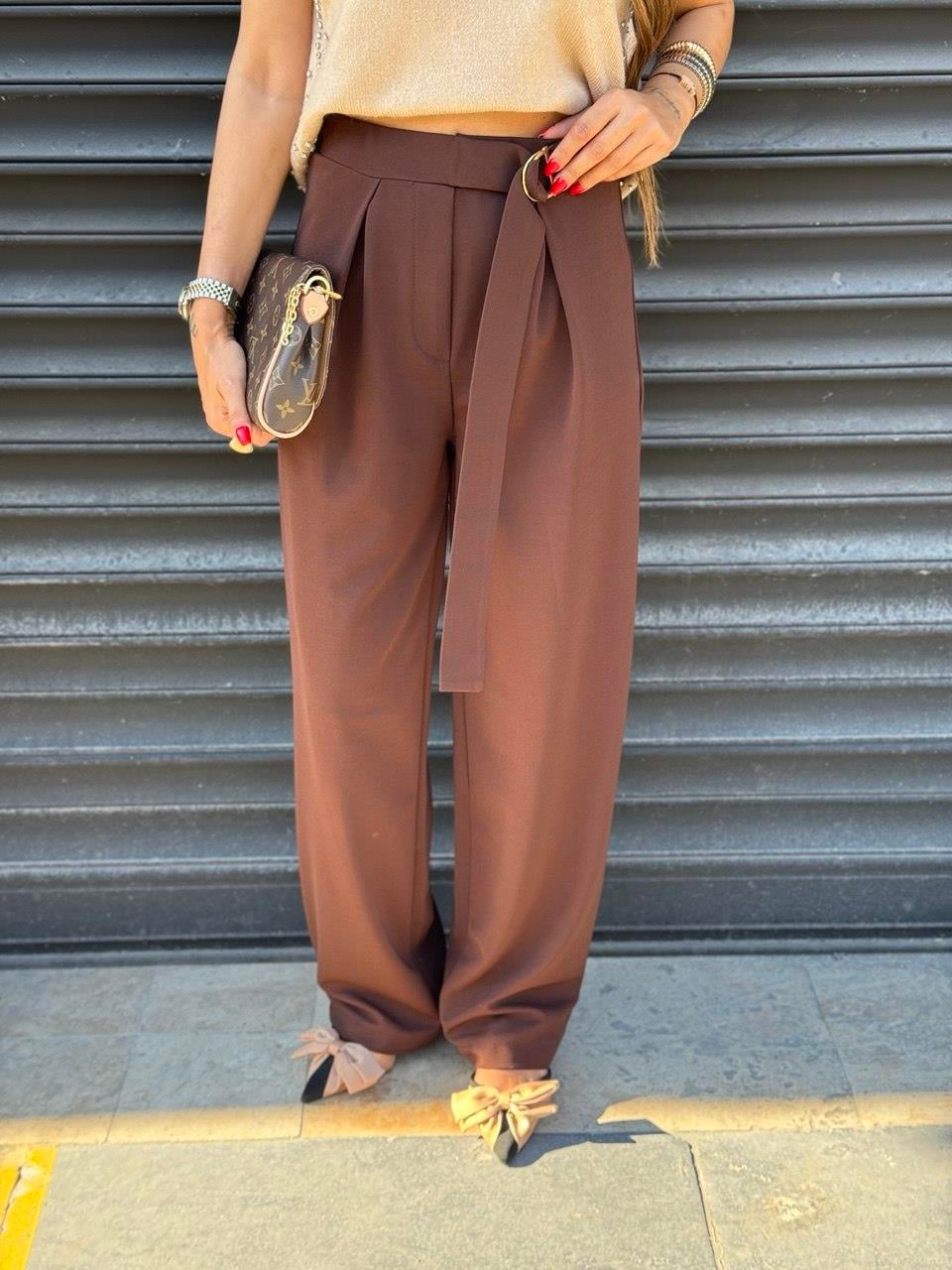 Kemer Detaylı Palazzo Pantolon Kahve